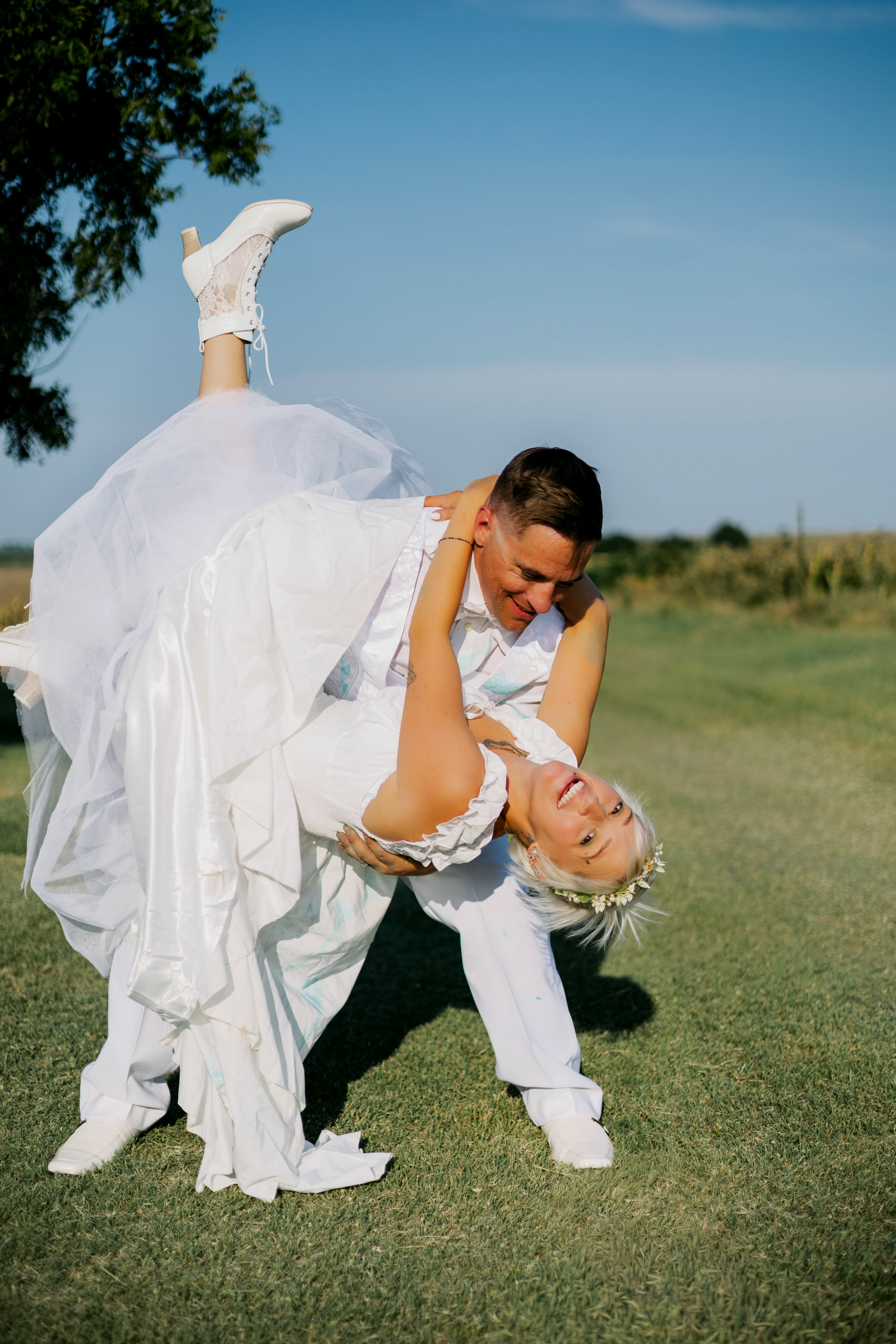 A newlywed couple embracing on their wedding day